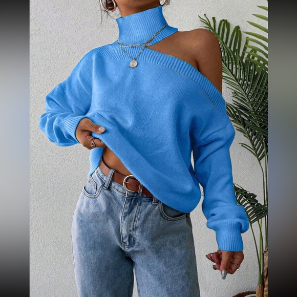 Luxe cold shoulder asymmetrical neck sweater top - Picture 4 of 5